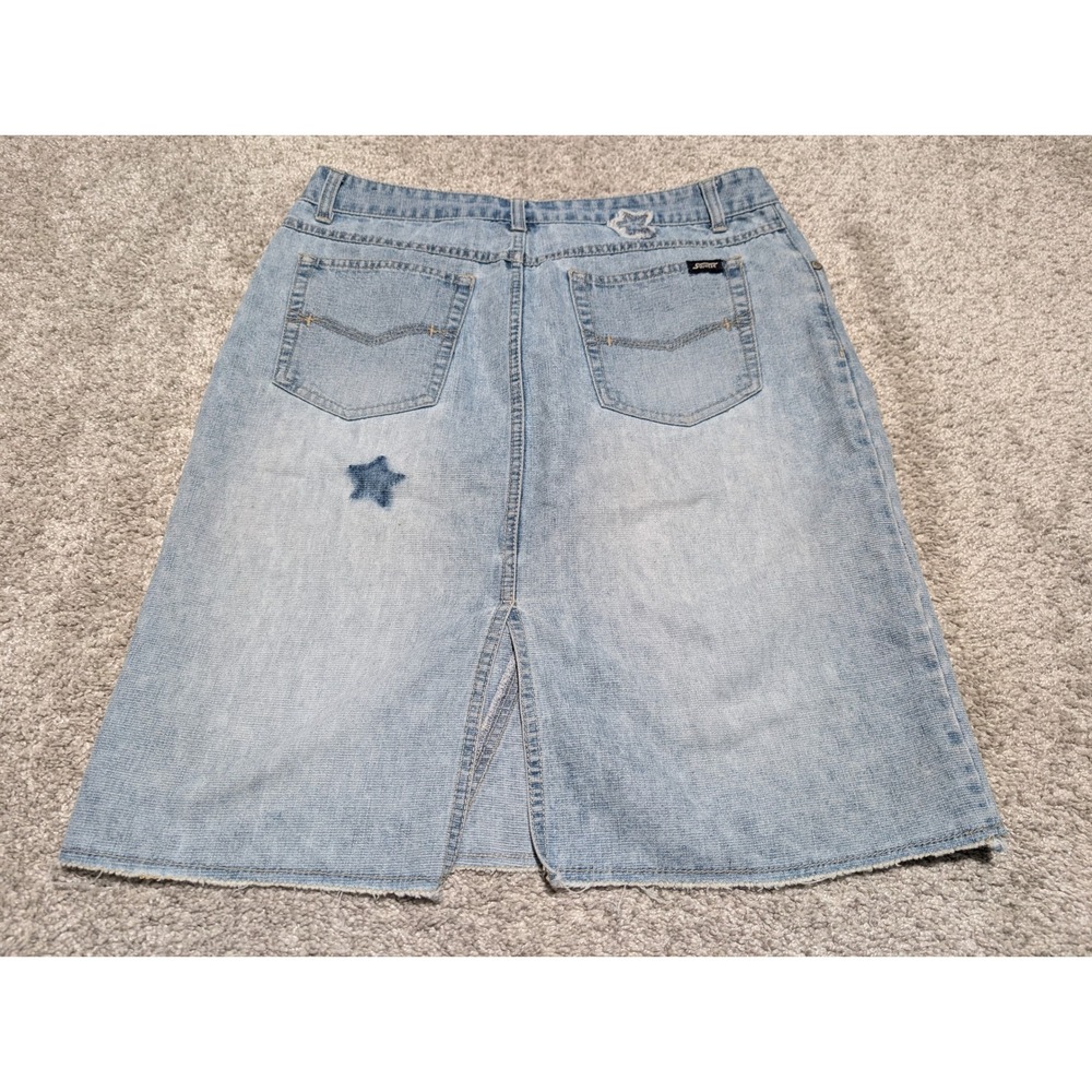 Y2K Denim Skirt‎ Womens 31W Blue Star Patch Distressed Midi Light Wash Squeeze - Picture 6 of 7